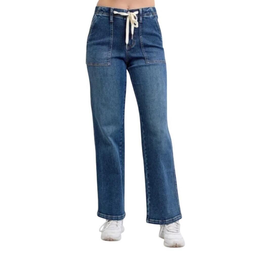 Judy Blue Drawstring Wide Leg Jeans Women 11/30 Medium Wash High Rise Stretch